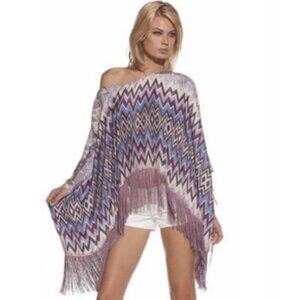 Alexis 100% Silk Lydia Fringe Poncho Purple Blue Bohemian Hippie Designer Top‎